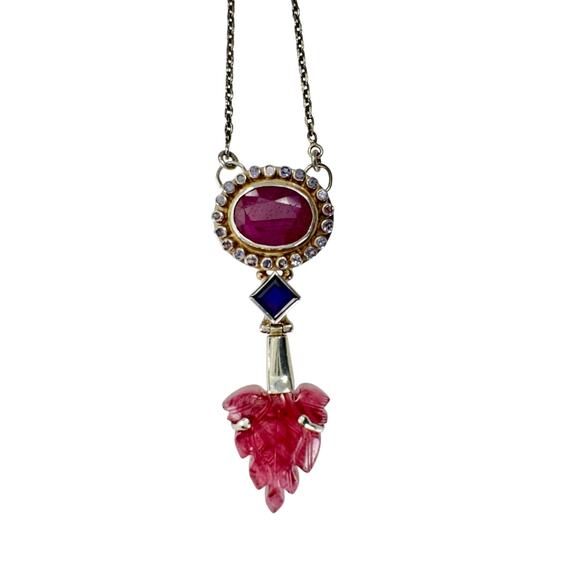 Carved Pink Tourmaline Tanzanite Amethyst Indian Ruby Sterling Handmade Necklace